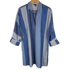 NIC+ZOE Striped Linen Blend Shift Dress Womens L Blue White Pom Pom Trim Tunic